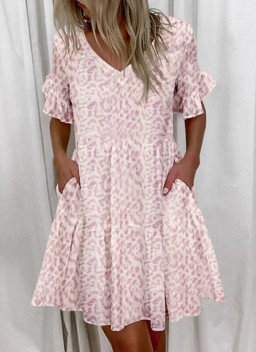 Women White Printed Ruffle Dress Summer Loose V-Neck — feature 7