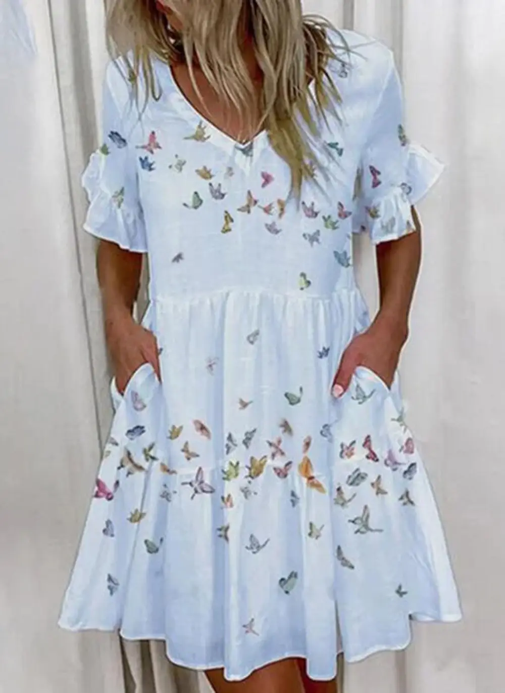 Women White Printed Ruffle Dress Summer Loose V-Neck — feature 8