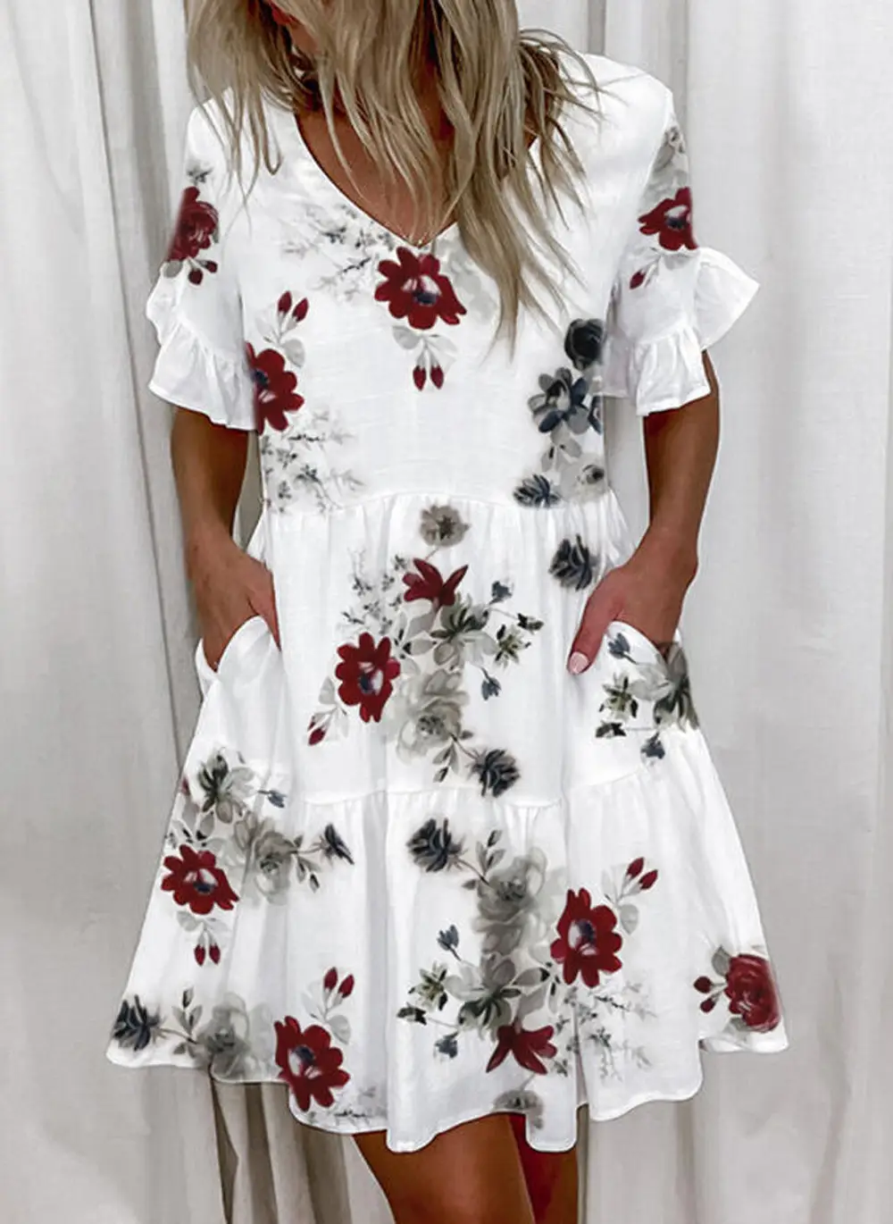 Women White Printed Ruffle Dress Summer Loose V-Neck — feature 9