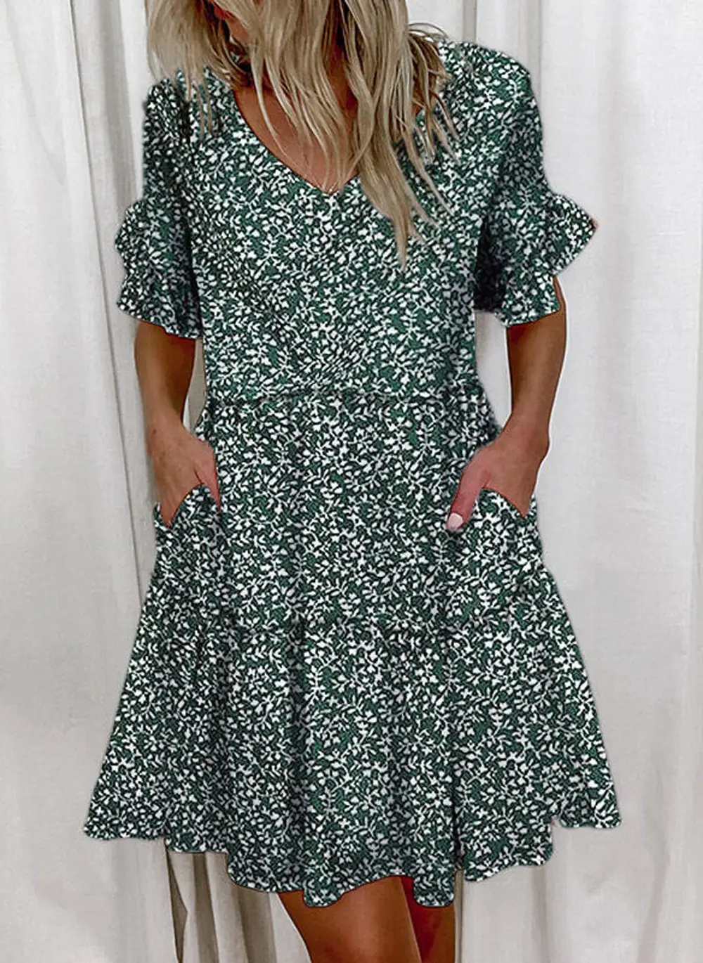 Women White Printed Ruffle Dress Summer Loose V-Neck - Image 3