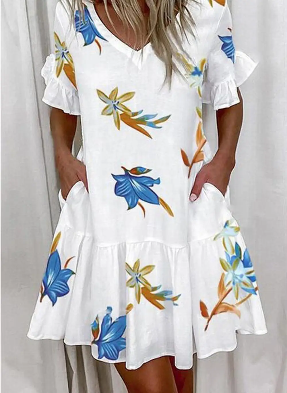 Women White Printed Ruffle Dress Summer Loose V-Neck - Image 6