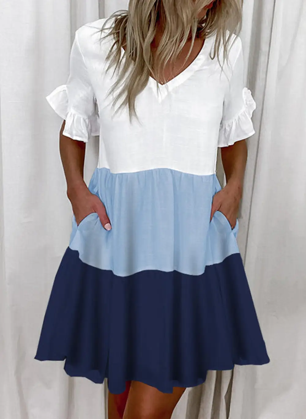 Women White Printed Ruffle Dress Summer Loose V-Neck - Image 9