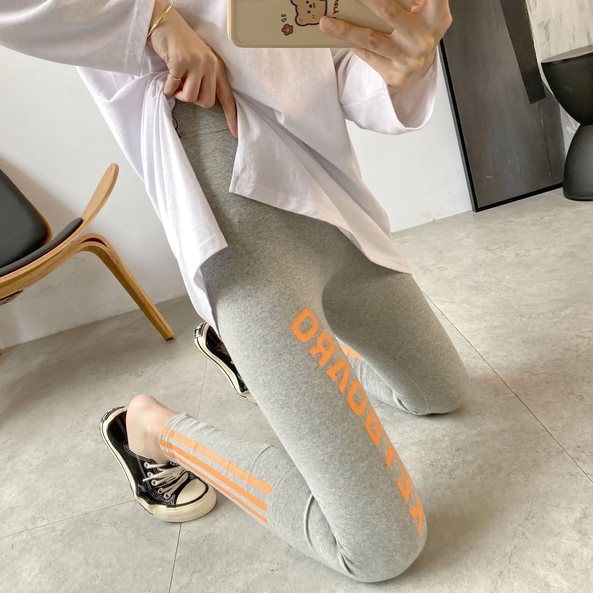 Women Korean Letter Elastic Slim Trousers Grey Orange
