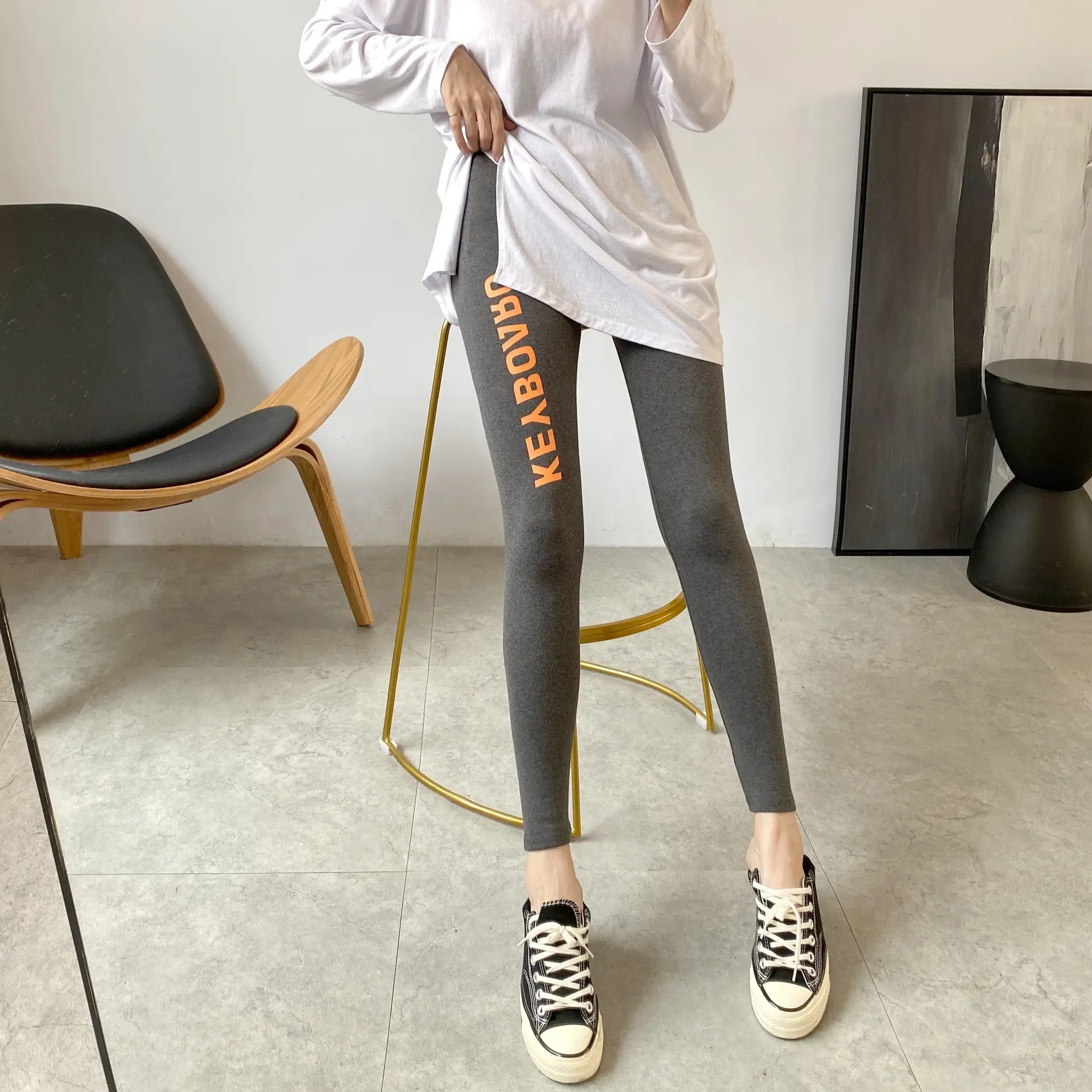 Women Korean Letter Elastic Slim Trousers Grey Orange