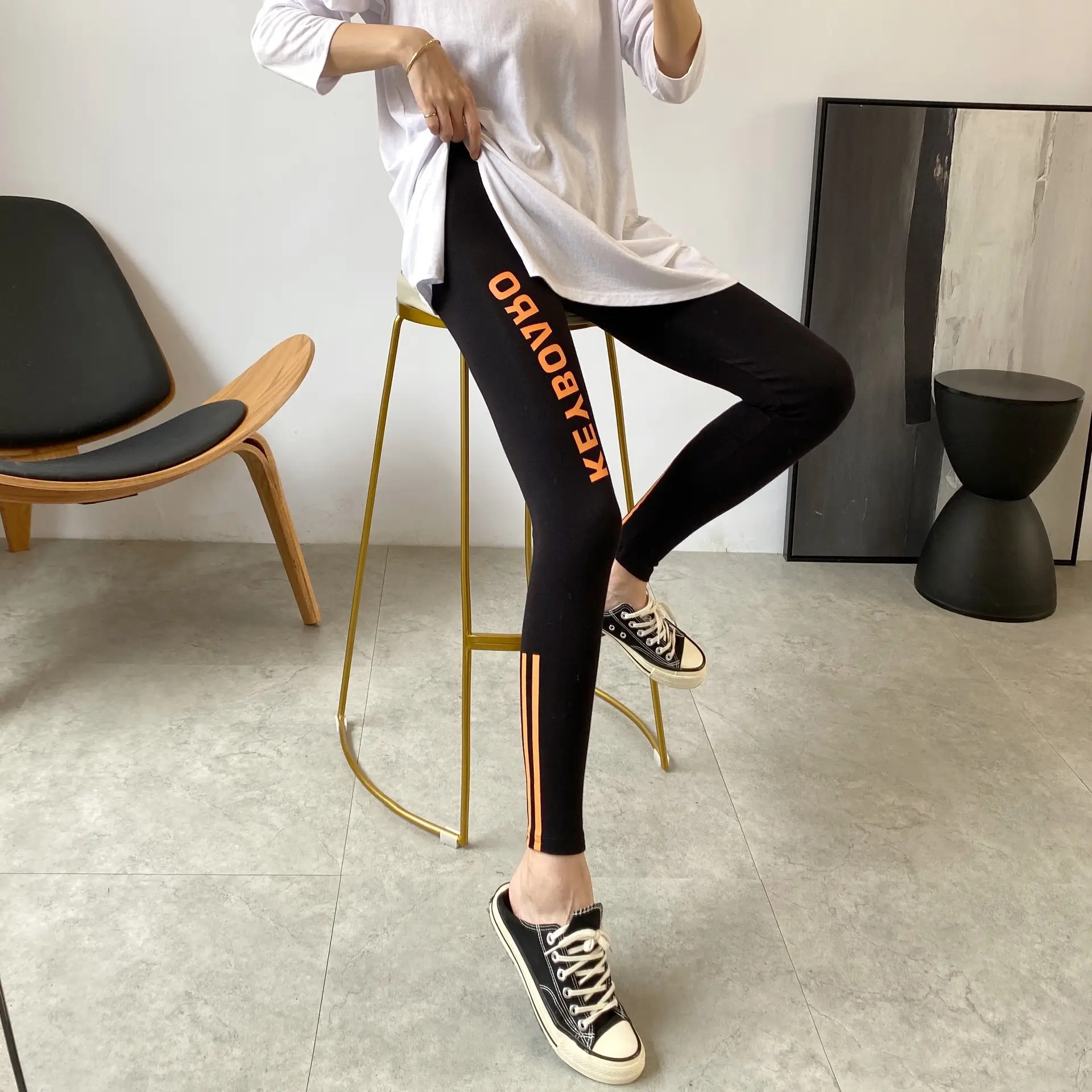 Women Korean Letter Elastic Slim Trousers Grey Orange