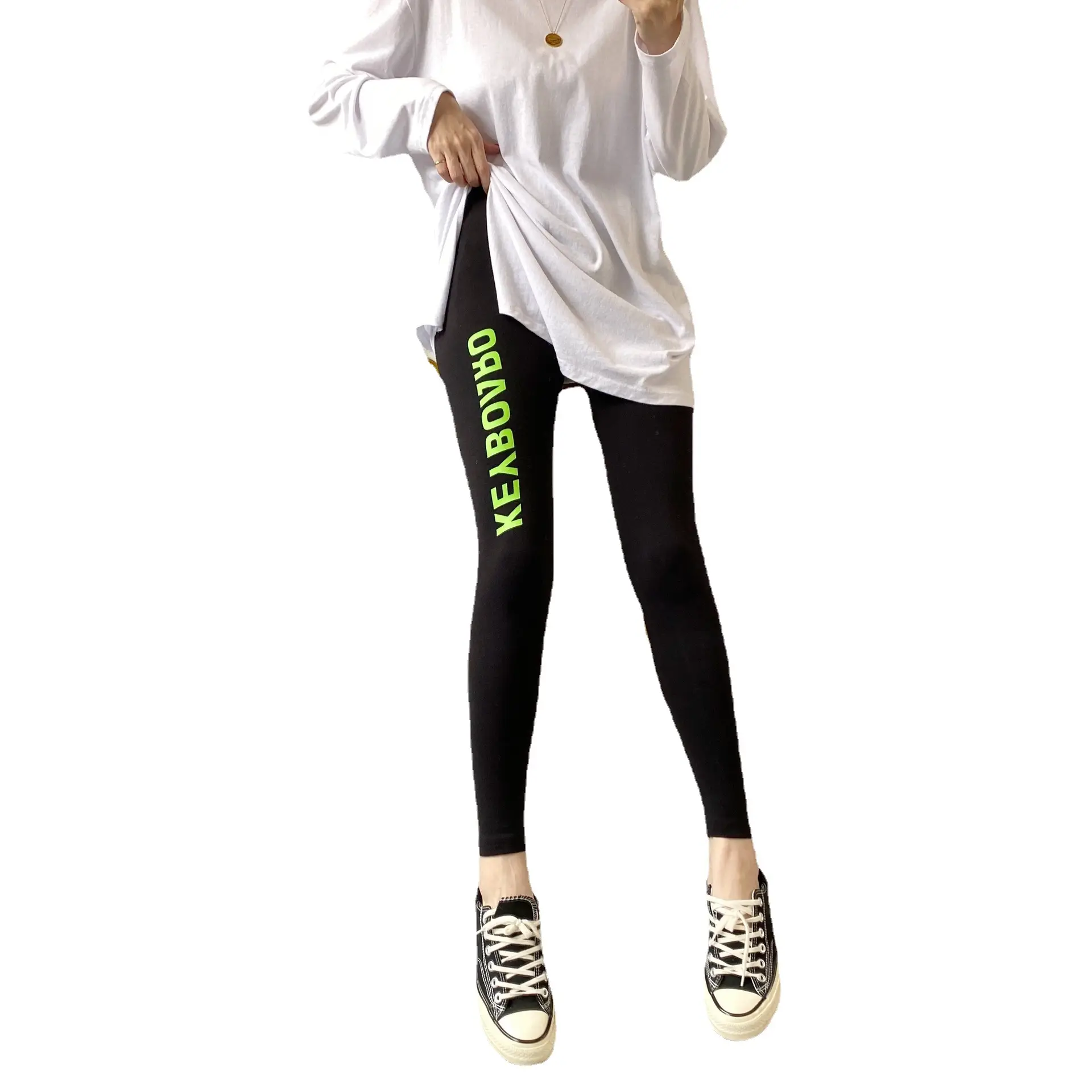 Women Korean Letter Elastic Slim Trousers Grey Orange