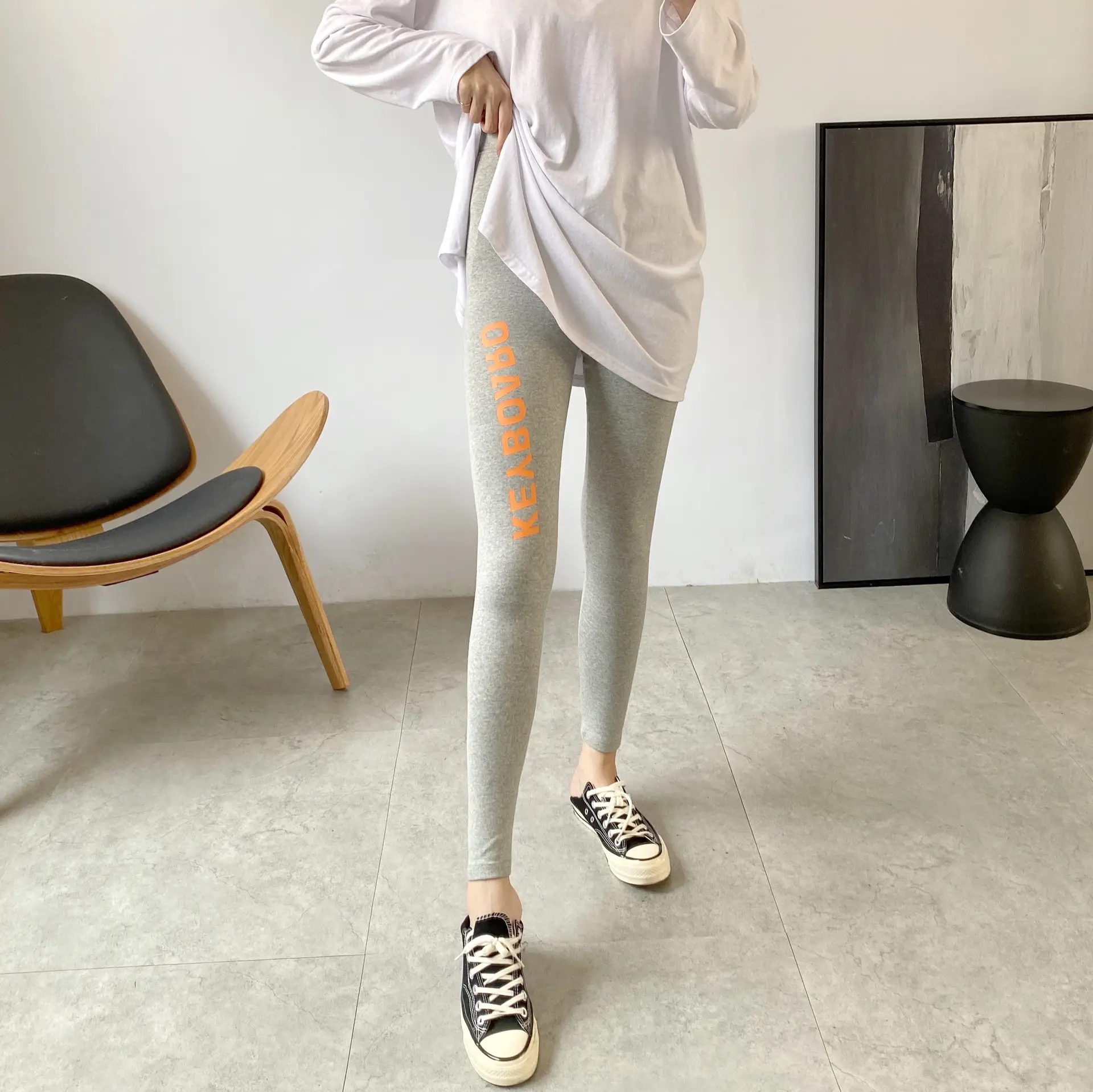 Women Korean Letter Elastic Slim Trousers Grey Orange