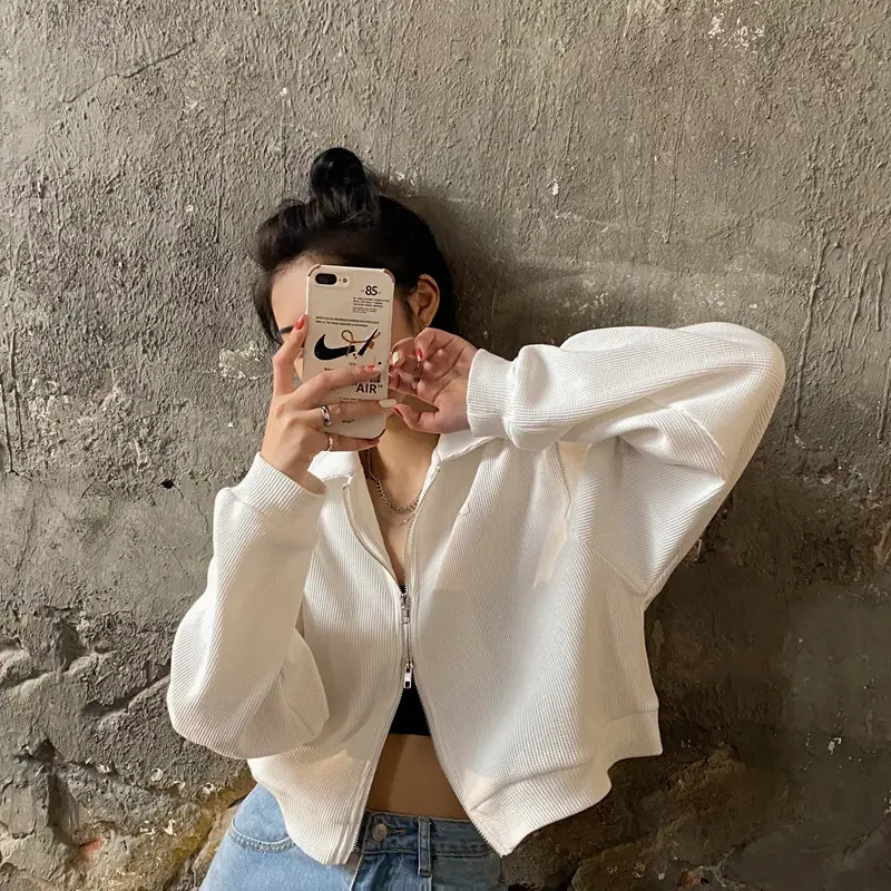 Women Waffle Jacket Grey Long Sleeve Zipper 2024 - Image 5