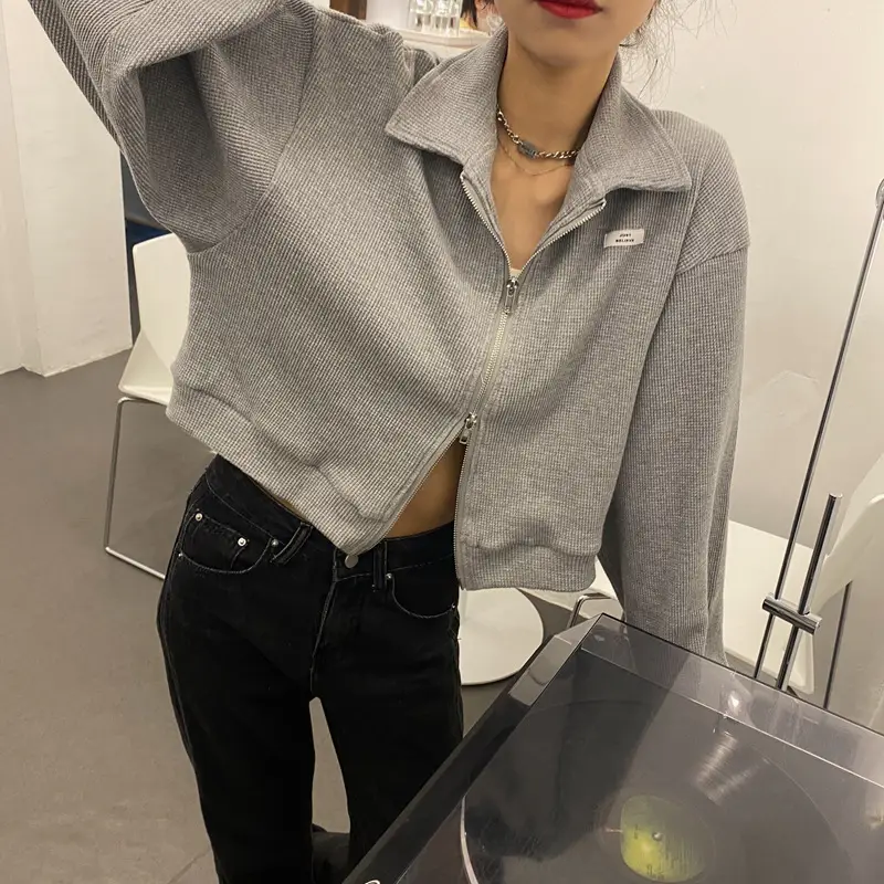 Women Waffle Jacket Grey Long Sleeve Zipper 2024 — feature 10