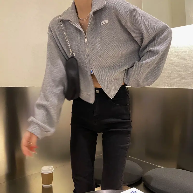 Women Waffle Jacket Grey Long Sleeve Zipper 2024 — feature 11