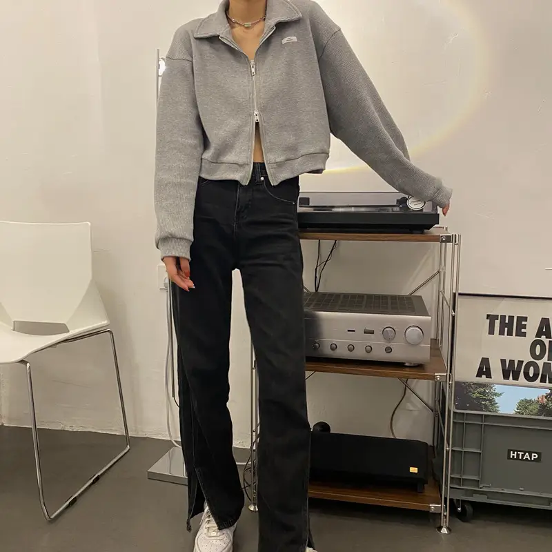 Women Waffle Jacket Grey Long Sleeve Zipper 2024 — feature 14