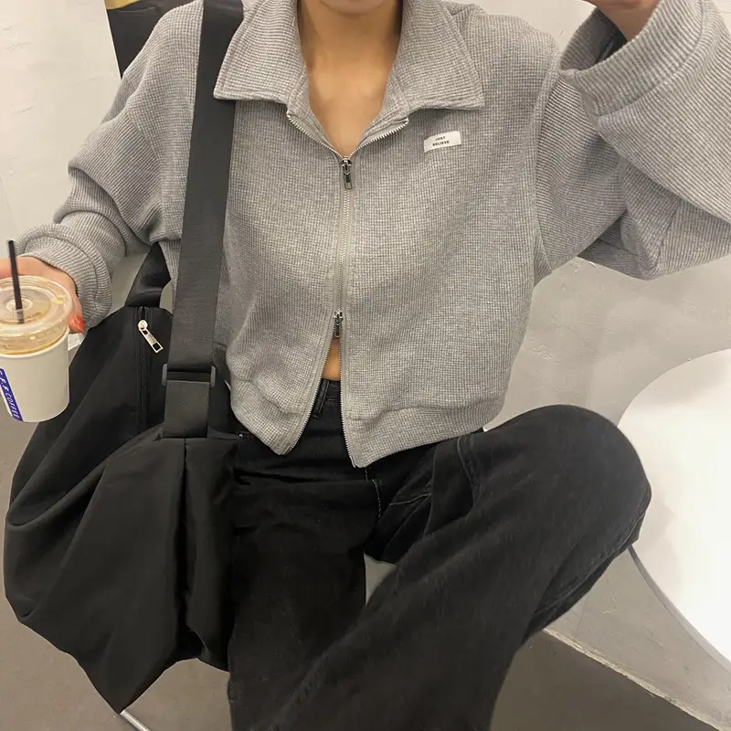 Women Waffle Jacket Grey Long Sleeve Zipper 2024 — feature 15