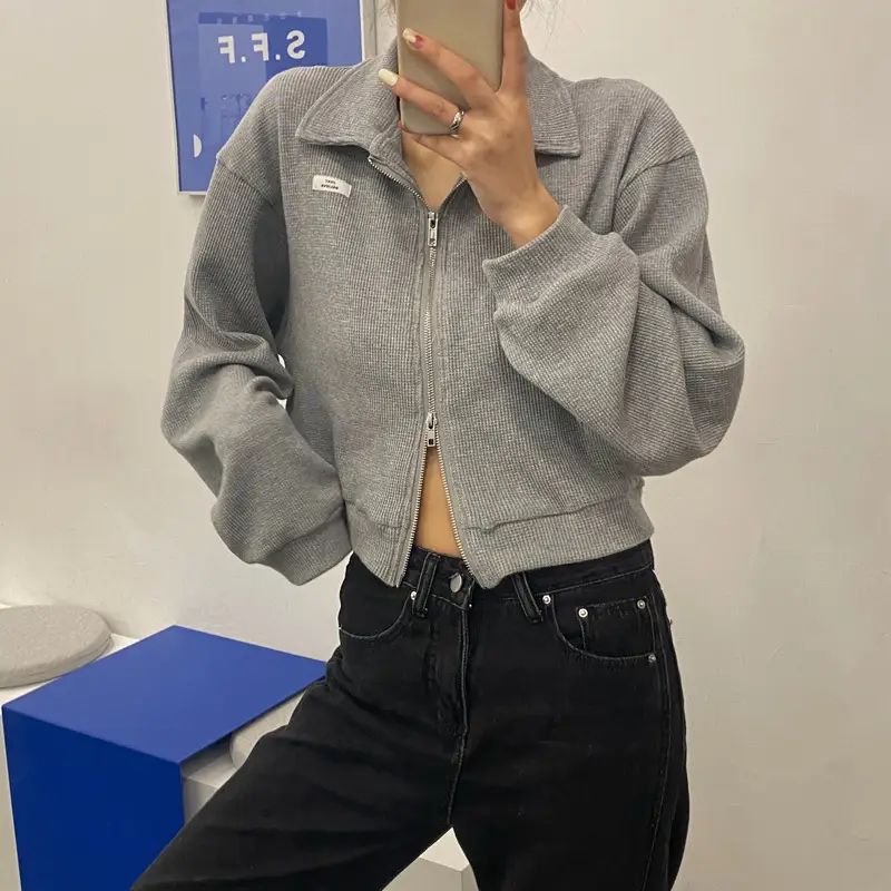 Women Waffle Jacket Grey Long Sleeve Zipper 2024 — feature 17