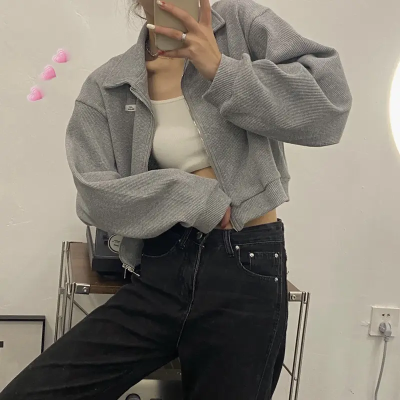 Women Waffle Jacket Grey Long Sleeve Zipper 2024 — feature 18