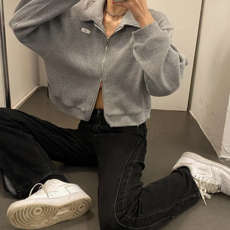Women Waffle Jacket Grey Long Sleeve Zipper 2024 — feature 19
