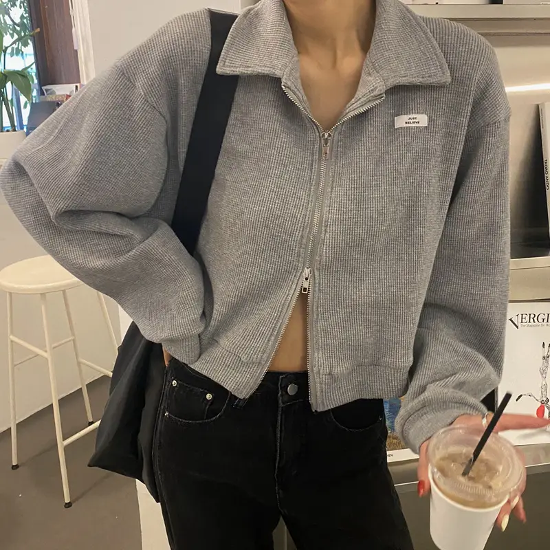 Women Waffle Jacket Grey Long Sleeve Zipper 2024 — feature 22