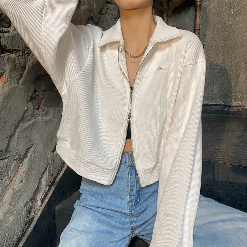Women Waffle Jacket Grey Long Sleeve Zipper 2024 — feature 25