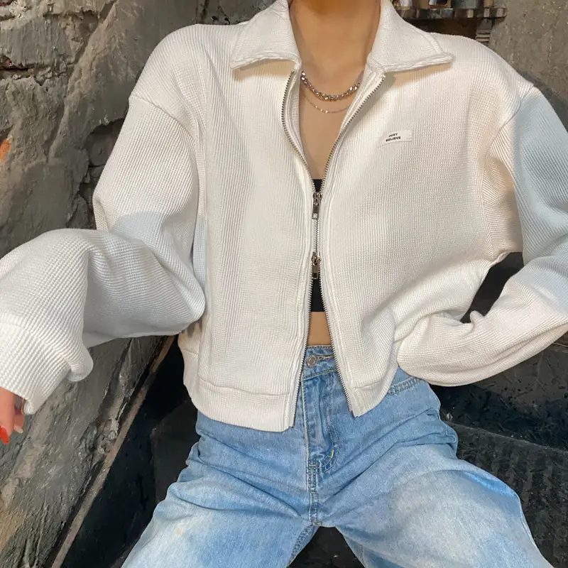 Women Waffle Jacket Grey Long Sleeve Zipper 2024 — feature 30