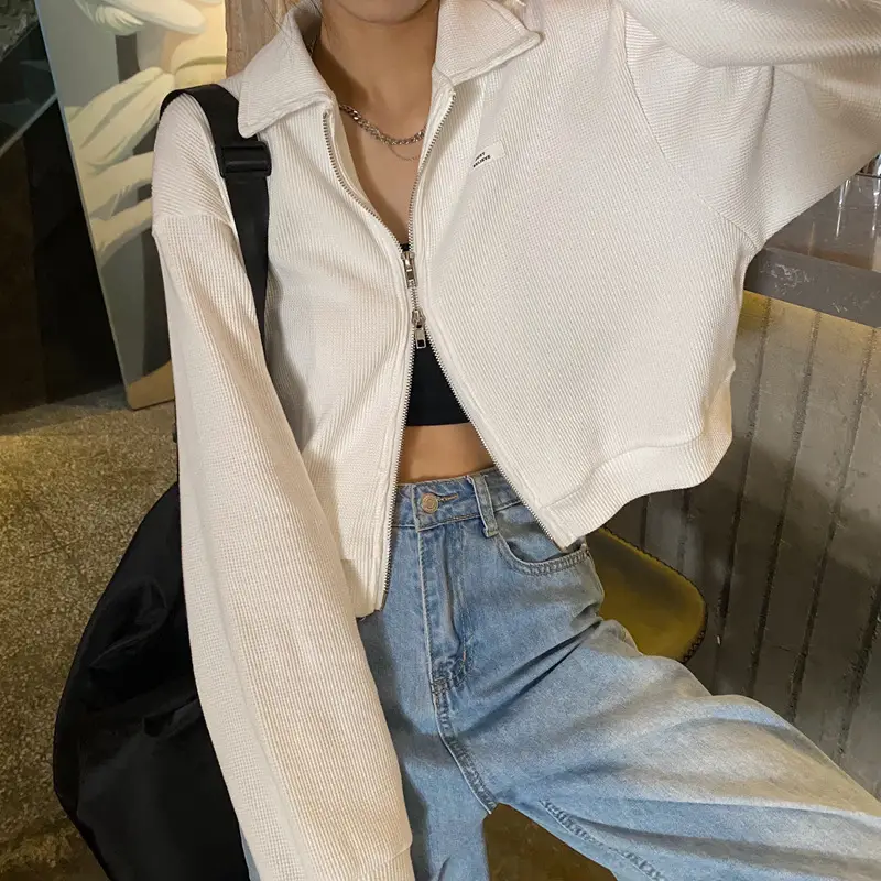 Women Waffle Jacket Grey Long Sleeve Zipper 2024 — feature 33