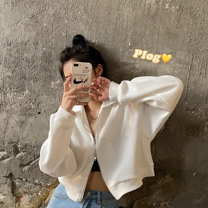 Women Waffle Jacket Grey Long Sleeve Zipper 2024 — feature 36