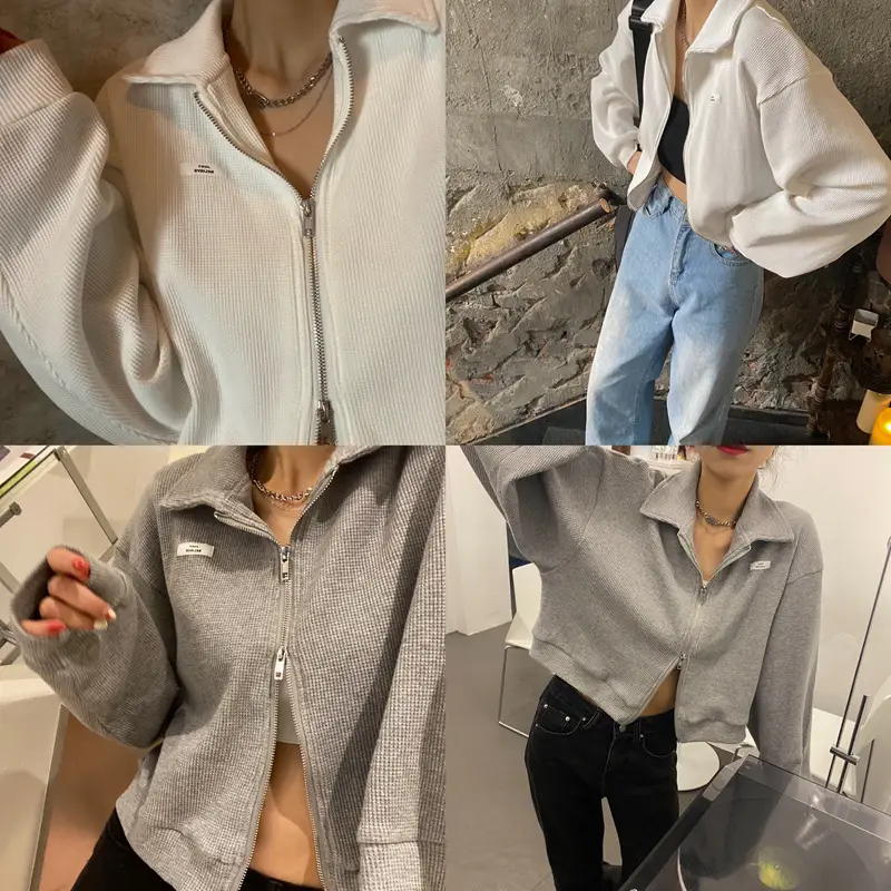 Women Waffle Jacket Grey Long Sleeve Zipper 2024 — feature 39