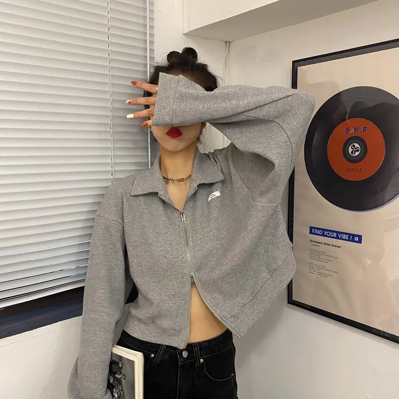 Women Waffle Jacket Grey Long Sleeve Zipper 2024 — feature 4