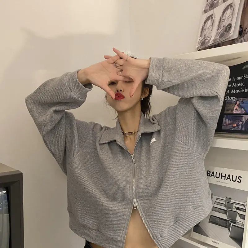 Women Waffle Jacket Grey Long Sleeve Zipper 2024 — feature 6