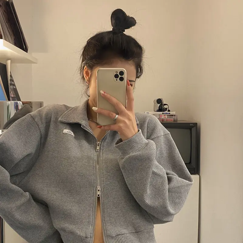 Women Waffle Jacket Grey Long Sleeve Zipper 2024 — feature 7