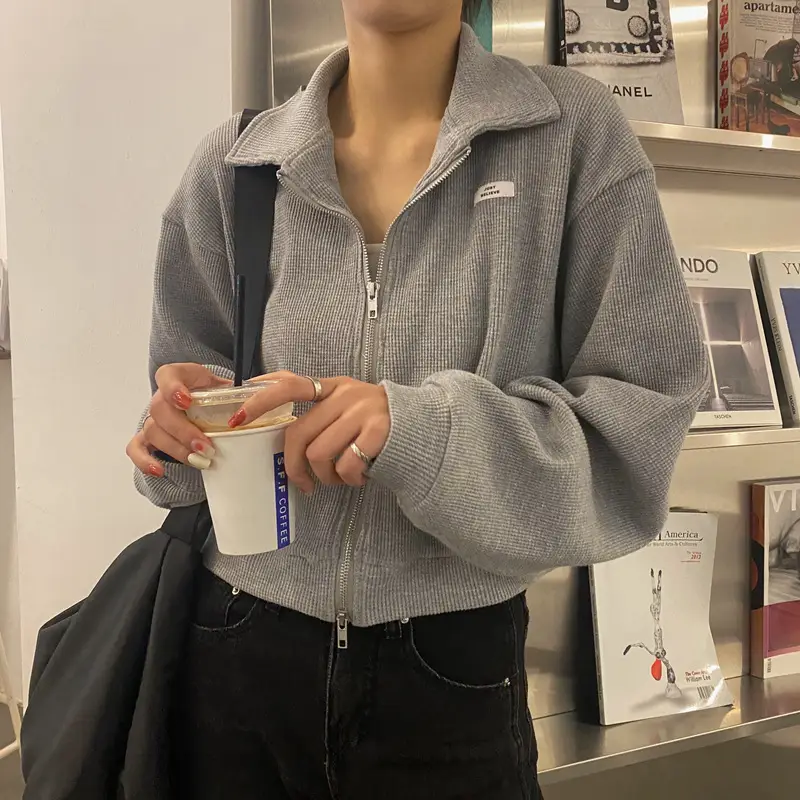 Women Waffle Jacket Grey Long Sleeve Zipper 2024 — feature 9