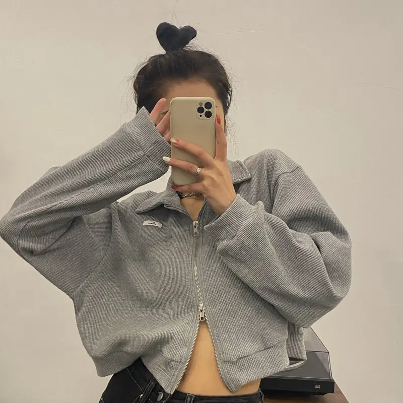 Women Waffle Jacket Grey Long Sleeve Zipper 2024 - Image 2