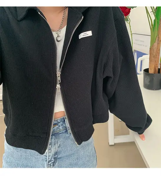 Women Waffle Jacket Grey Long Sleeve Zipper 2024 - Image 3