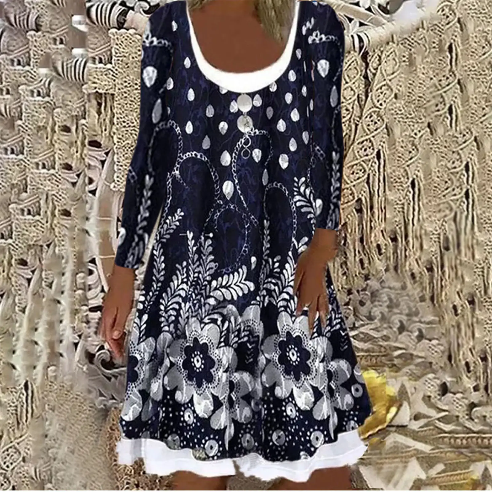 Black Floral Digital Print Long Sleeve Dress for Women