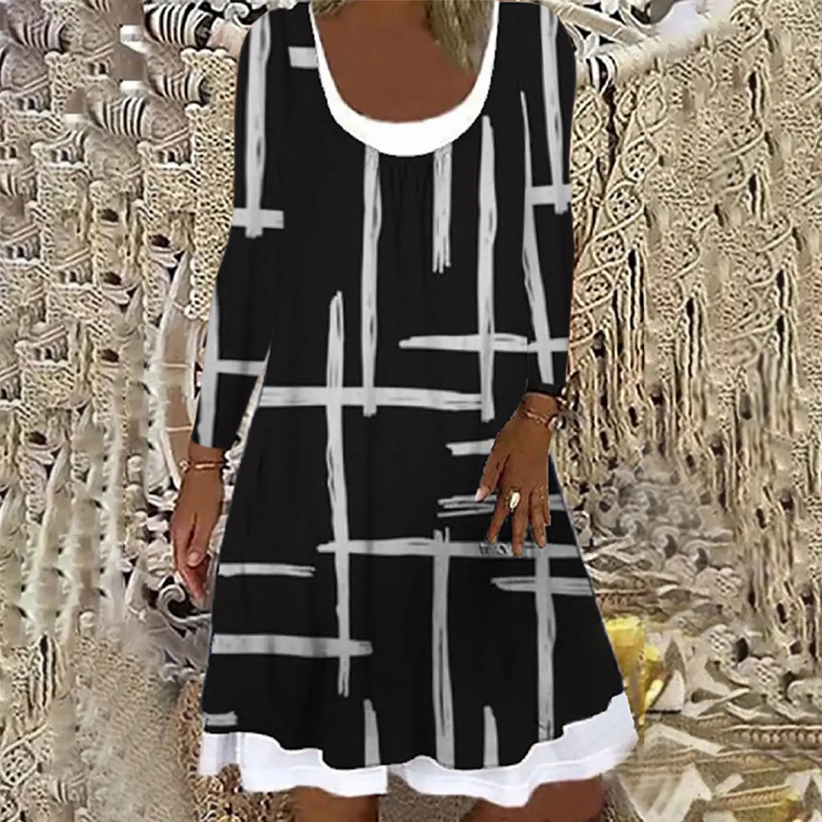 Black Floral Digital Print Long Sleeve Dress for Women