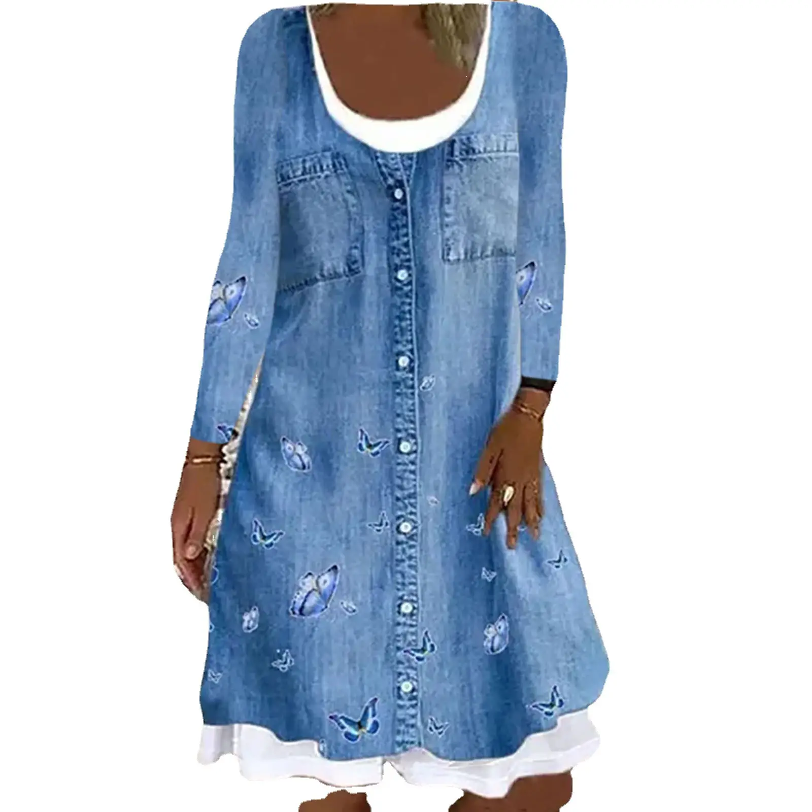 Black Floral Digital Print Long Sleeve Dress for Women