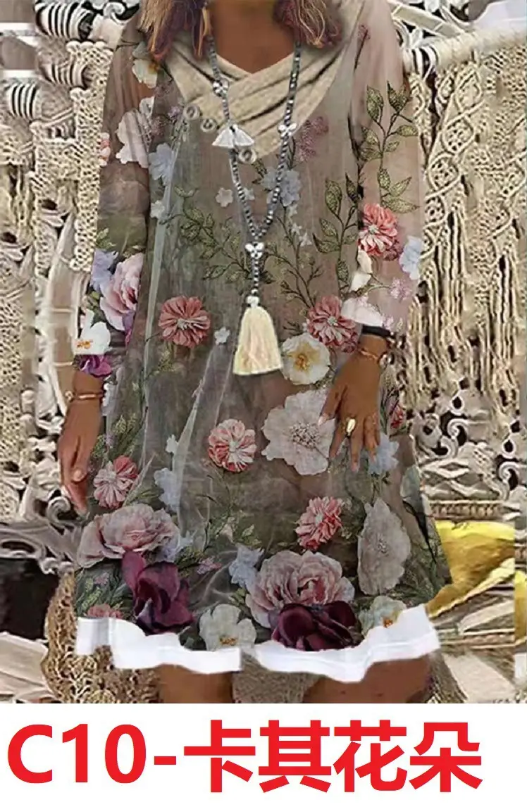 Black Floral Digital Print Long Sleeve Dress for Women