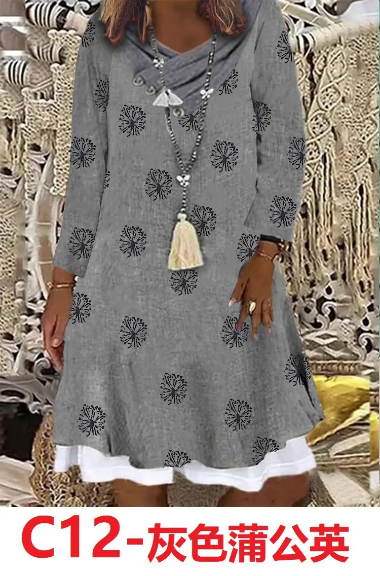 Black Floral Digital Print Long Sleeve Dress for Women