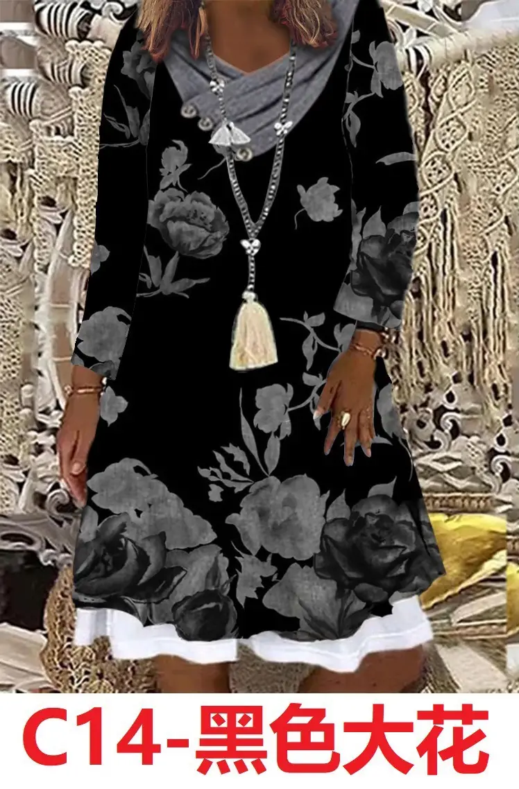 Black Floral Digital Print Long Sleeve Dress for Women