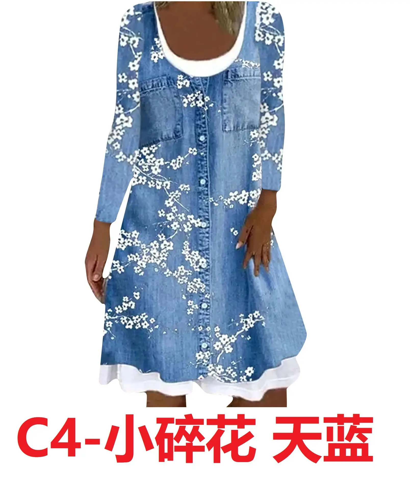 Black Floral Digital Print Long Sleeve Dress for Women