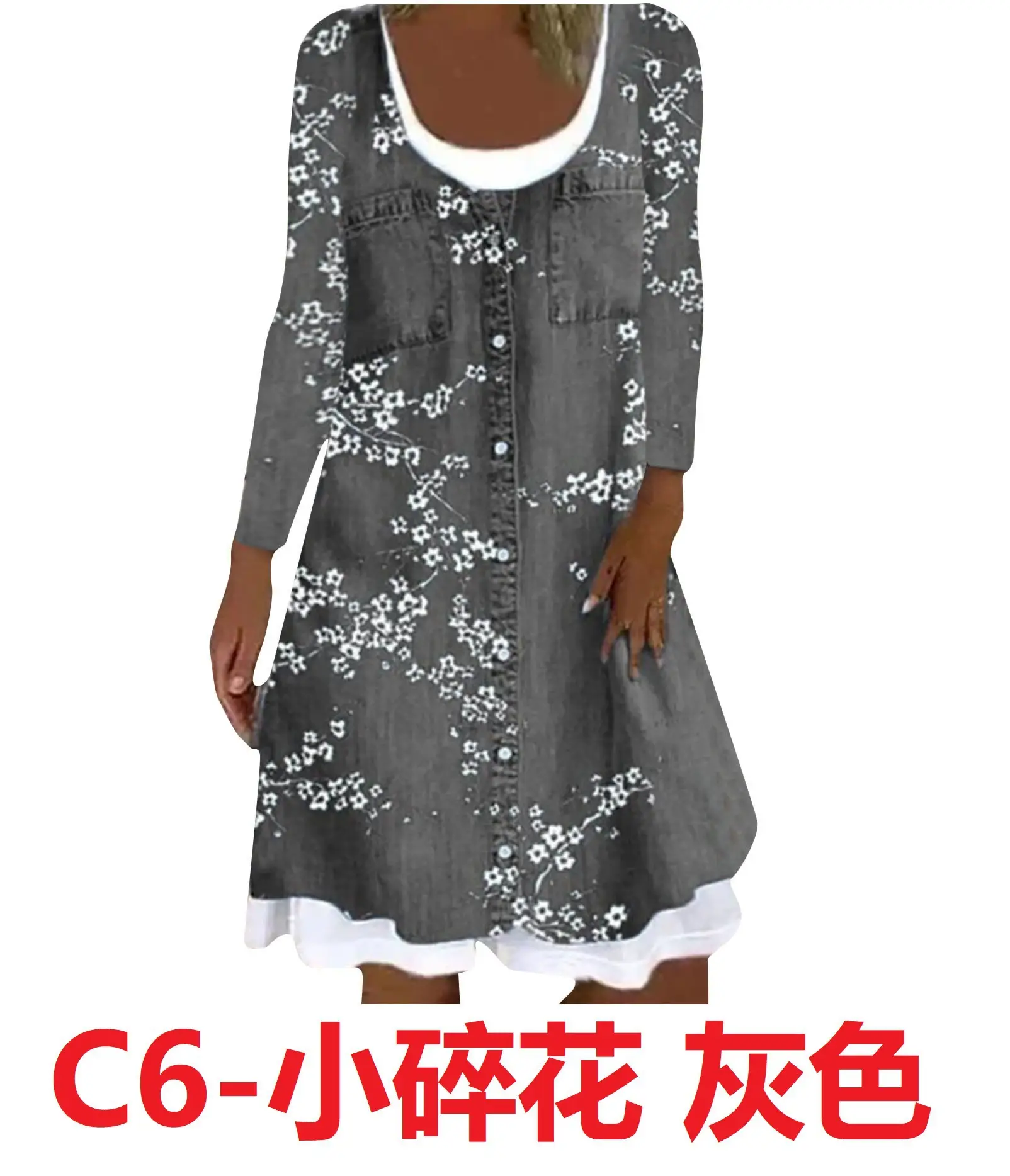 Black Floral Digital Print Long Sleeve Dress for Women