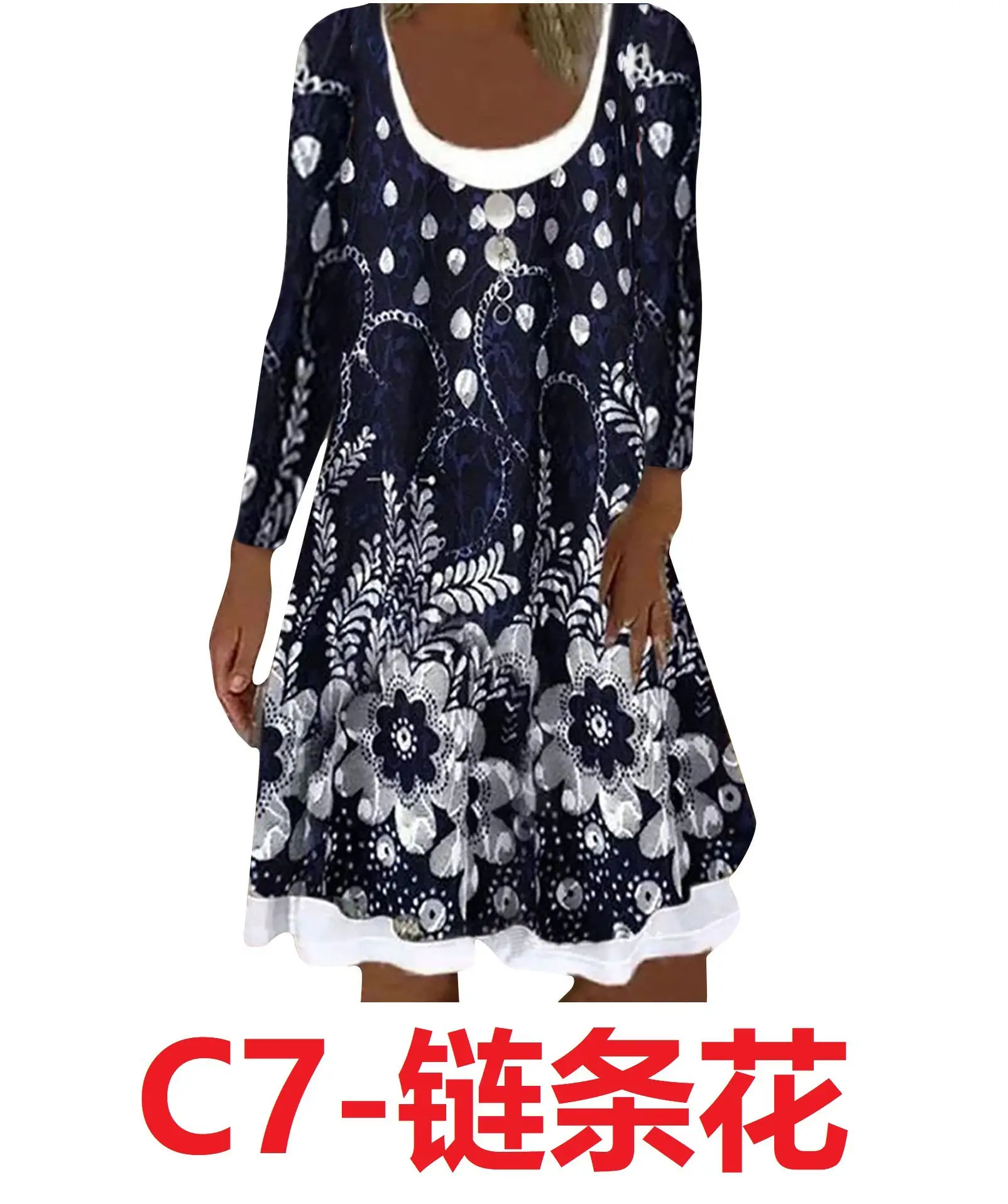Black Floral Digital Print Long Sleeve Dress for Women