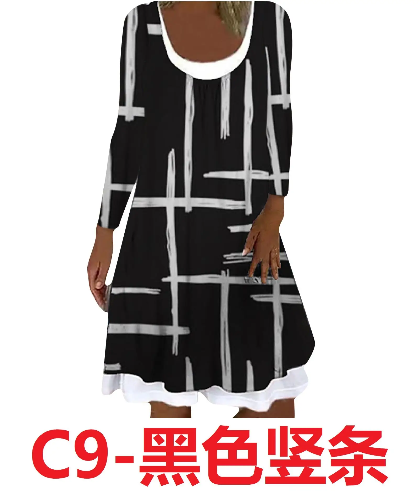 Black Floral Digital Print Long Sleeve Dress for Women