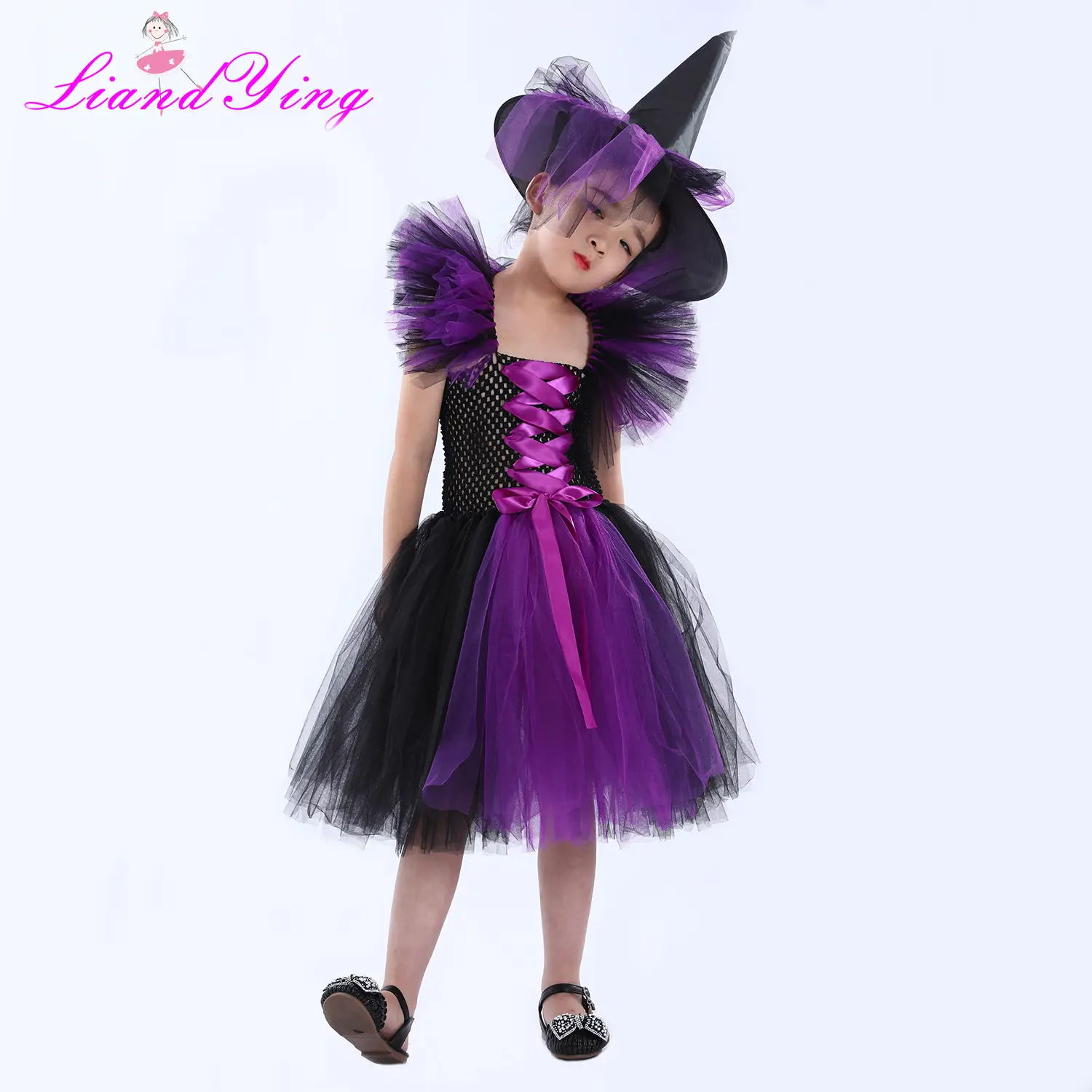 Witch Costume Dress for Girls Purple Hat Mesh Puff - Image 12