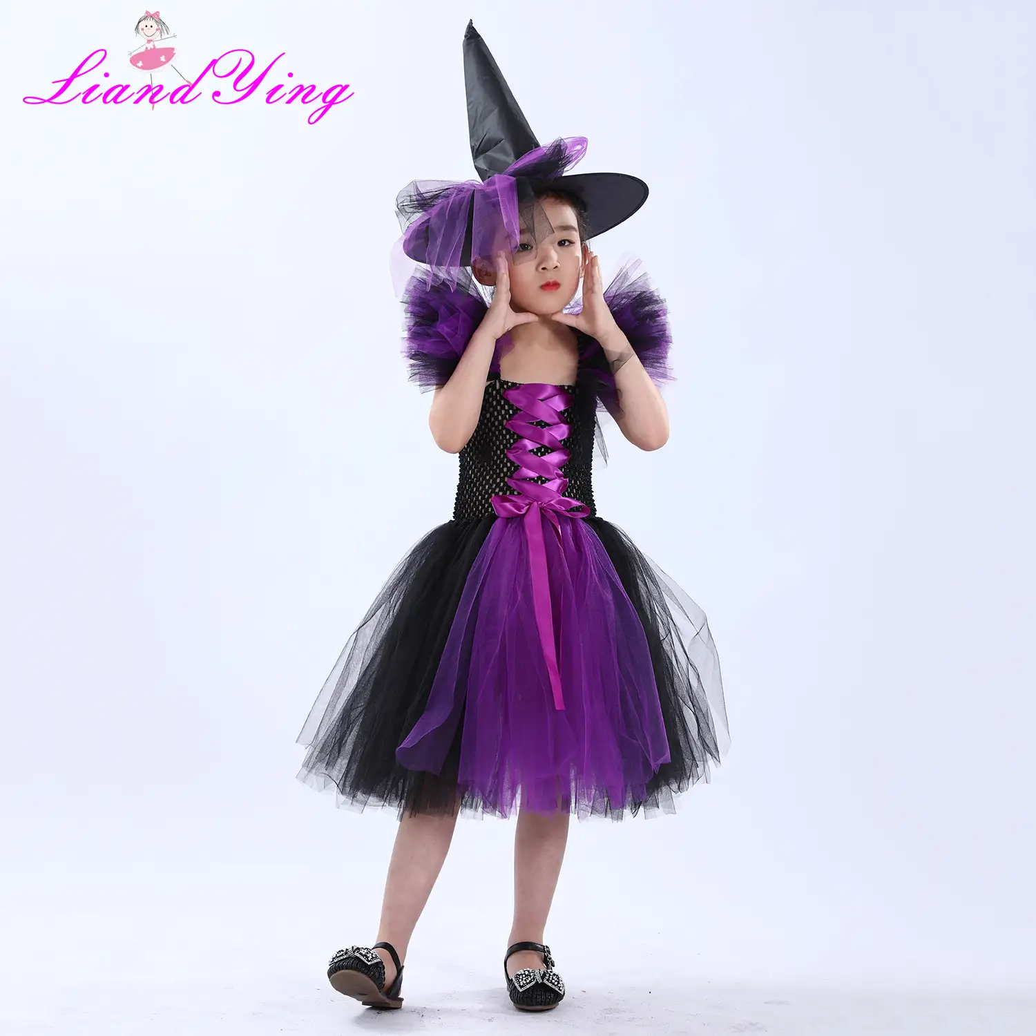 Witch Costume Dress for Girls Purple Hat Mesh Puff - Image 14