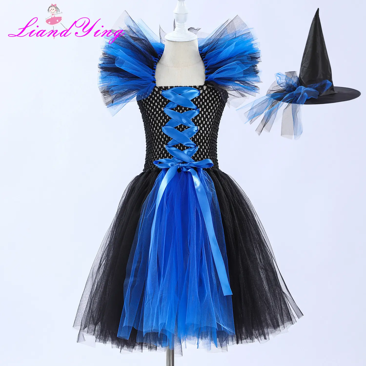 Witch Costume Dress for Girls Purple Hat Mesh Puff - Image 10