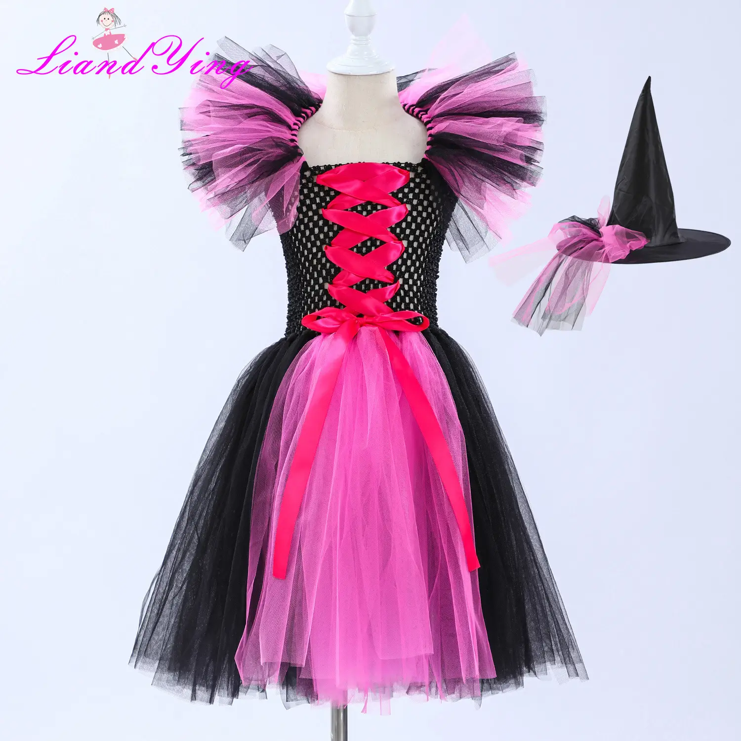 Witch Costume Dress for Girls Purple Hat Mesh Puff - Image 2