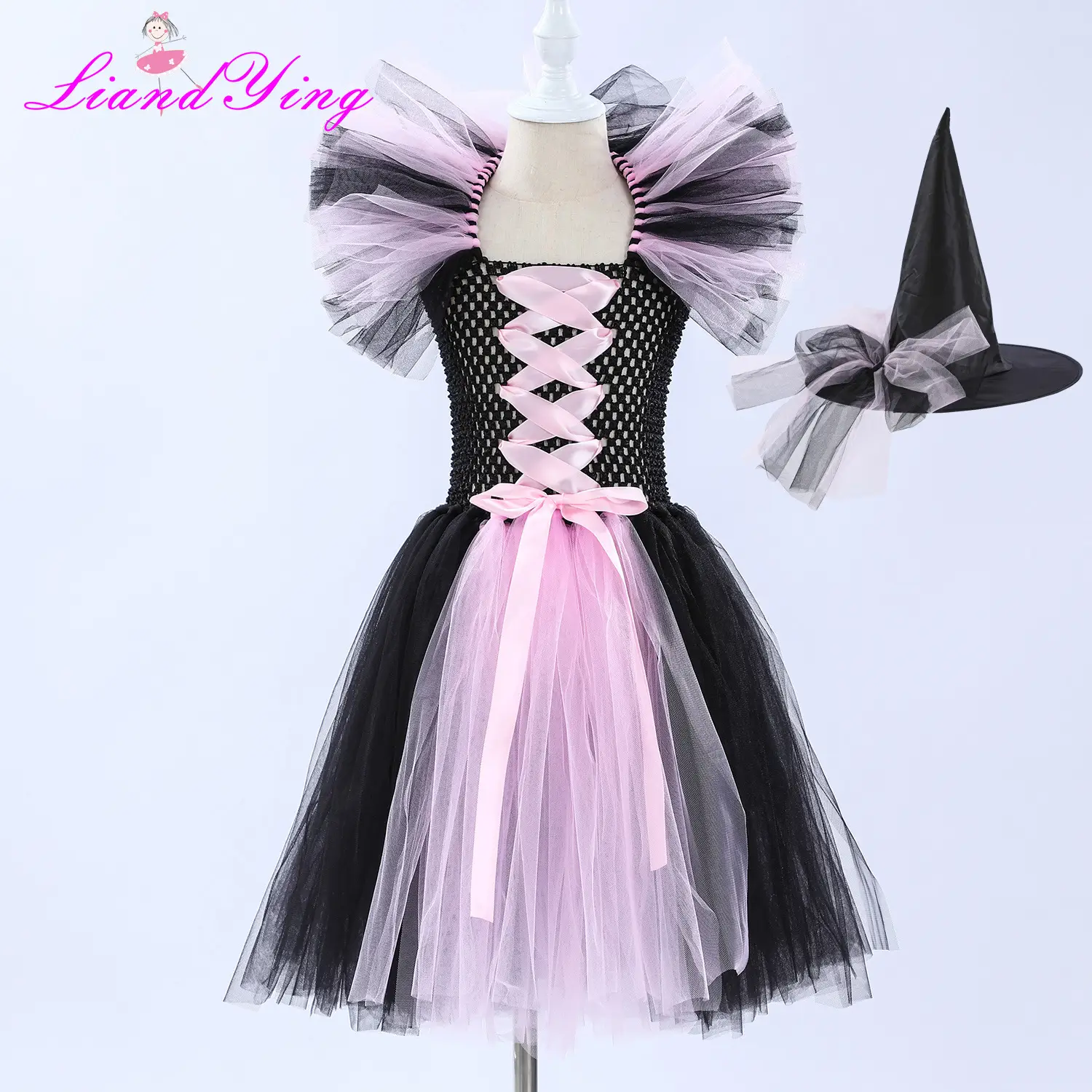 Witch Costume Dress for Girls Purple Hat Mesh Puff - Image 3