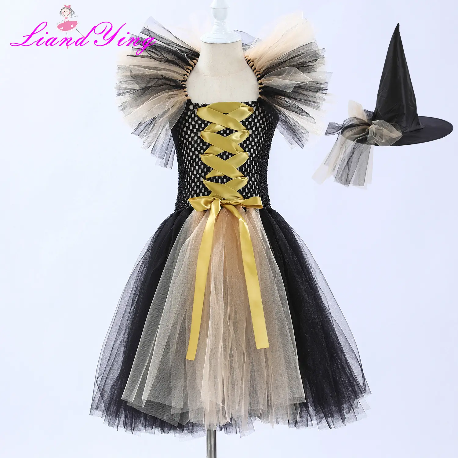 Witch Costume Dress for Girls Purple Hat Mesh Puff - Image 5