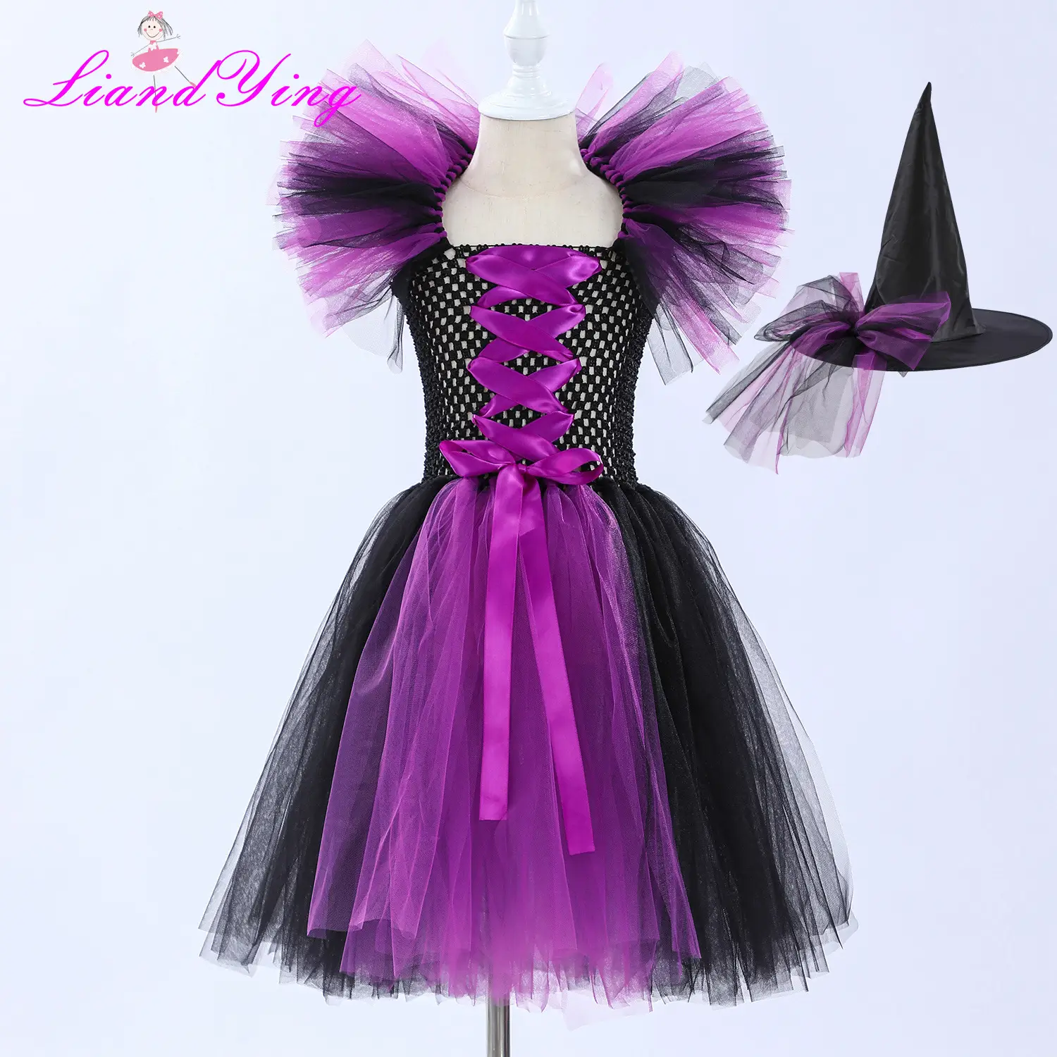 Witch Costume Dress for Girls Purple Hat Mesh Puff - Image 6