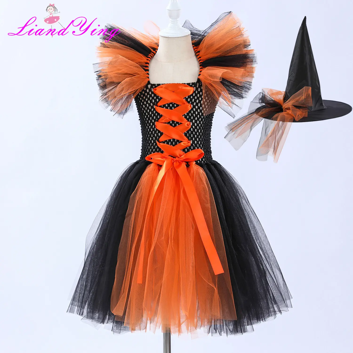 Witch Costume Dress for Girls Purple Hat Mesh Puff - Image 7