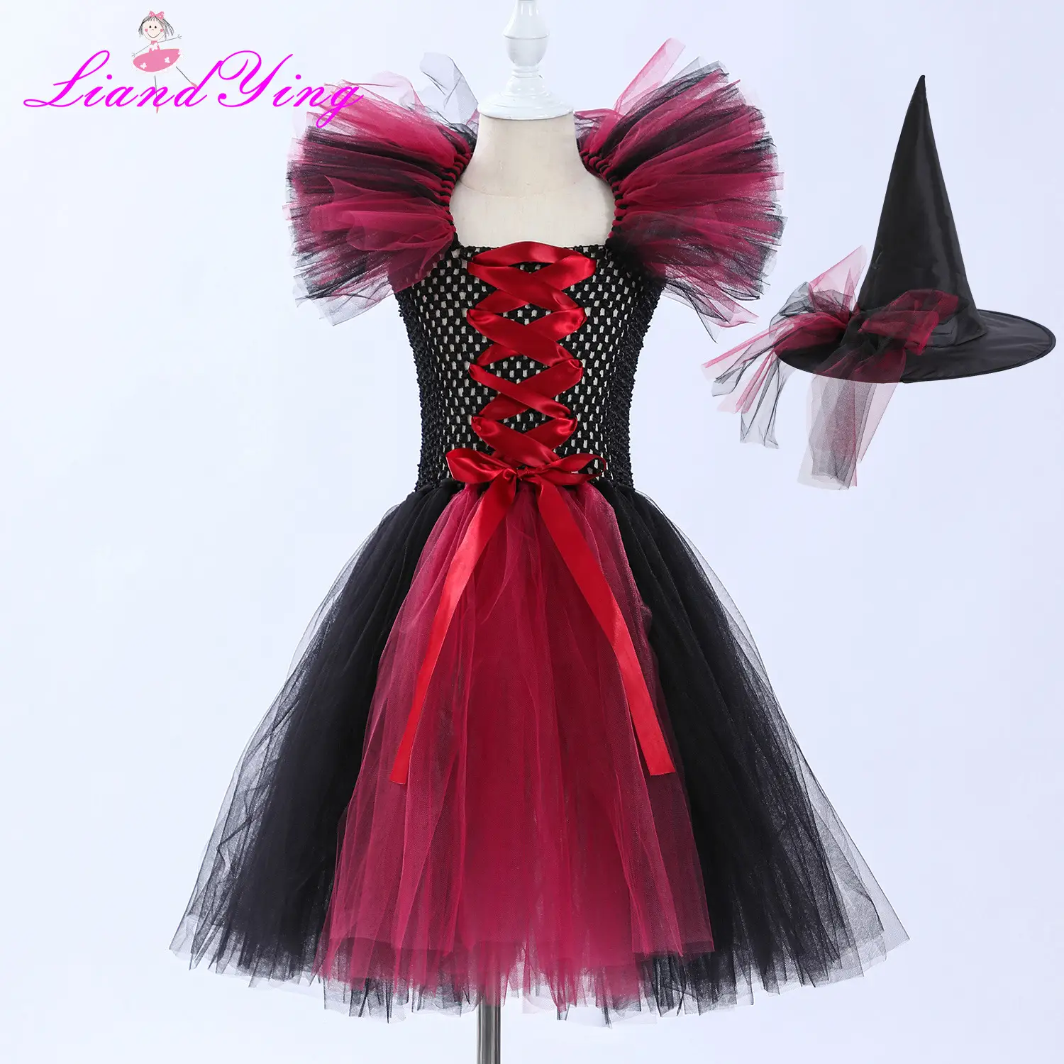 Witch Costume Dress for Girls Purple Hat Mesh Puff - Image 8